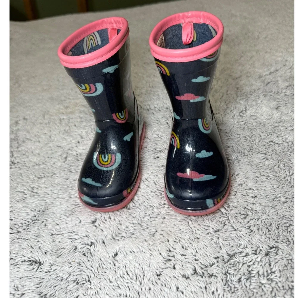 Carters Toddler Girls Navy Rainbow Cloud Waterproof Rubber Rain Boots Sz 4 Baby
